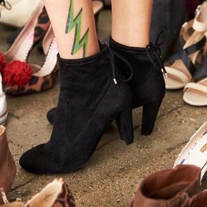 Black Pointy Toe Chunky Heel Tie Back Sock Bootie